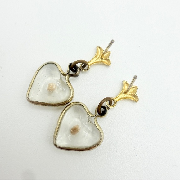 Vintage Gold Heart Drop Earrings with Clear Resin and Floral Detail - Picture 6 of 7